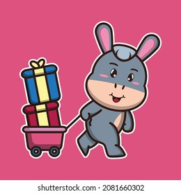 vector illustration of cute donkey pulling a cart filled with gifts, suitable for children's books, birthday cards, valentine's day.