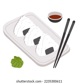 Ilustración vectorial del doodle lindo asiático de la comida de la onigiri para impresión, diseño, tarjeta de saludo, pegatina, icono