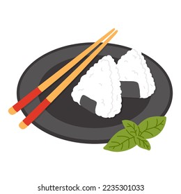 Vector illustration of cute  doodle asian food onigiri on plate for print ,design, greeting card,sticker,icon