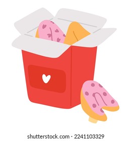 Ilustración vectorial del doodle lindo asiático galletas de la fortuna de comida en caja para impresión, diseño, tarjeta de saludo, pegatina, icono