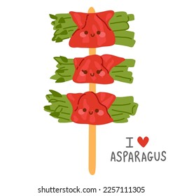 Vektorgrafik süßer, doodle asiatischer Asparagus Speck auf Spießen für Druck, Design, Grußkarte, Aufkleber, Symbol