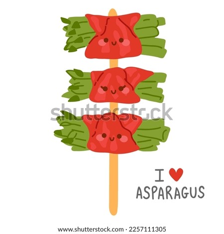 Vector illustration of cute  doodle asian food asparagus bacon on skewers for print ,design, greeting card,sticker,icon
