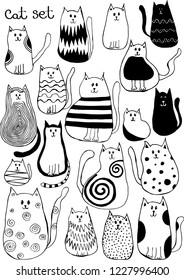 Vector illustration with cute doodle cats. Outline animal art.