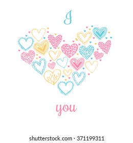 Vector illustration with cute doodle hearts in pink, yellow and blue colors on white background. Simple card or poster design with I love you inscription. 