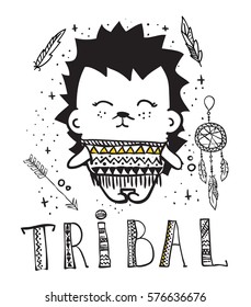 Vector illustration with cute doodle hedgehog animals and other tribal things for kid's interiors, card or poster.