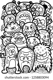 Vector illustration cute doodle monsters hand drawing stylus art coloring book.