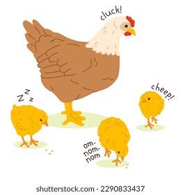 Ilustración vectorial de la gallina de la madre del doodle y de las chicas para sello digital, tarjeta de saludo, pegatina, icono, diseño de Pascua