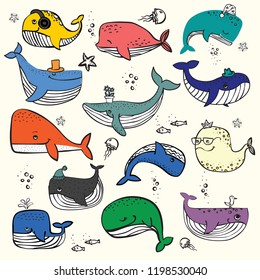 Vector illustration with cute doodle ocean  whales in color and other sea inhabitans