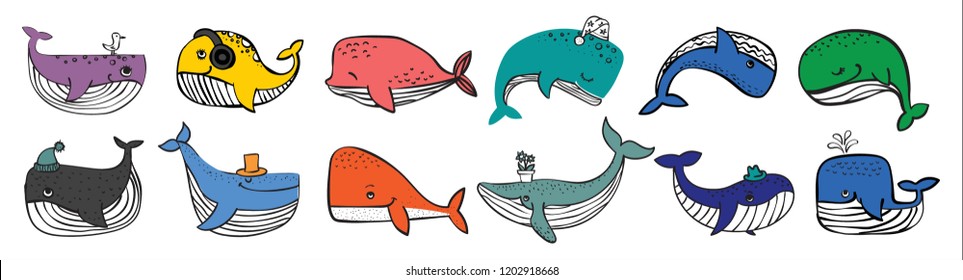 Vector illustration with cute doodle ocean whales in color