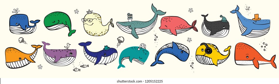 Vector illustration with cute doodle ocean whales in color and other sea inhabitans