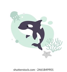 Ilustración vectorial lindo doodle orca ballena impresión para sello digital, tarjeta de felicitación, etiqueta engomada, icono, diseño