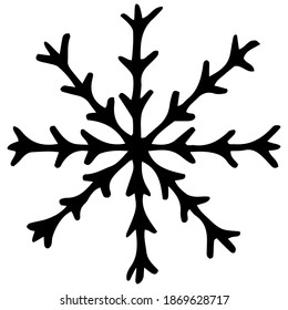Vector illustration. Cute doodle snowflake isolated on white. Cozy holiday winter element. Symbol of snow, cold weather, frost. Hand drawn simple clipart. For, banner, poster,collage, baby projects.