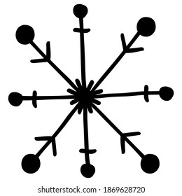 Vector illustration. Cute doodle snowflake isolated on white. Cozy holiday winter element. Symbol of snow, cold weather, frost. Hand drawn simple clipart. For, banner, poster,collage, baby projects.