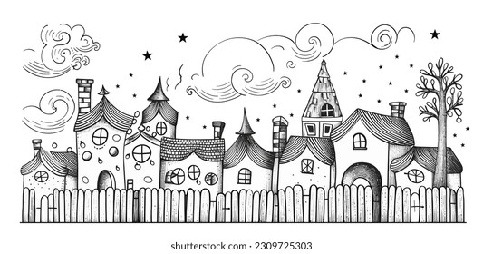 Vector Illustration, Cute Doodle village, lineart
