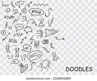 Vector illustration of cute doodles, set of hand drawn cute doodles for decoration. abstract arrows, lines and other hand drawn style elements for conceptual design.