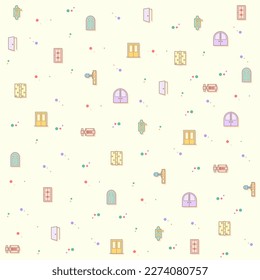 Ilustración vectorial de una linda puerta. Colección de marcos, frente, entrada, salida, puerta, entrada, entrada, apertura, cierre y otros elementos. Aislado en el beige.