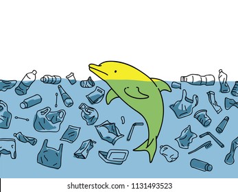 Vector illustration of cute dophin in sea water, surrounding with garbage and plastic in concept of water pollution environmental problem.