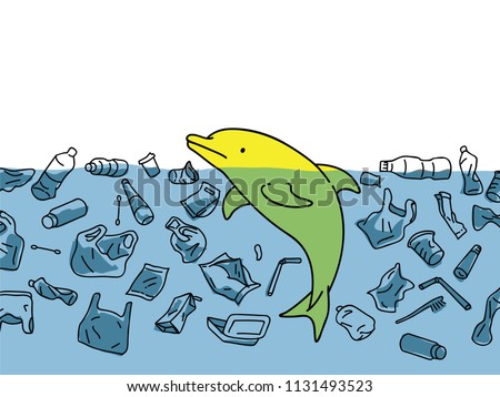 Vector illustration of cute dophin in sea water, surrounding with garbage and plastic in concept of water pollution environmental problem.