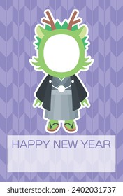 Vector illustration of Cute dragon boy face photo frame wearing a kimono and Arrow fletching pattern background [New year's card template (year of the dragon)]