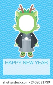 Vector illustration of Cute dragon boy face photo frame wearing a kimono and Qinghai wave pattern background [New year's card template (year of the dragon)]