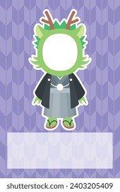 Vector illustration of Cute dragon boy face photo frame wearing a kimono and Arrow fletching pattern background (No text) [New year's card template (year of the dragon)]