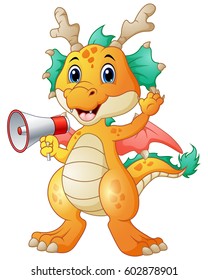 Vector illustration of Cute dragon cartoon holding a loudspeaker
