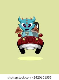 vector illustration of cute dragon drivng a classic car and bring a skatebord. perfect for clild books illustration, kids wear, sticker, etc.