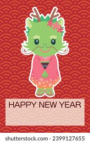 Vector illustration of Cute dragon girl wearing a kimono and Qinghai wave pattern background [New year's card template (year of the dragon)]