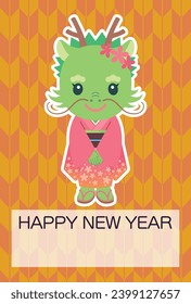 Vector illustration of Cute dragon girl wearing a kimono and Arrow fletching pattern background [New year's card template (year of the dragon)]