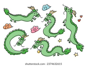 Vector illustration of cute dragon in green color. A set of various poses. White background.