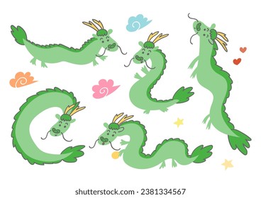 Ilustración vectorial del tierno dragón de color verde. Un conjunto de poses diversas. Fondo blanco.