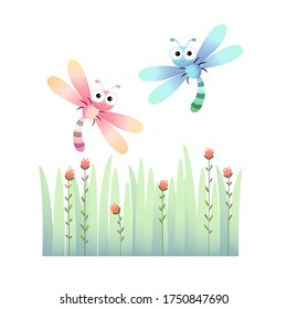 Vector illustration of cute dragonflies flying over the grass.