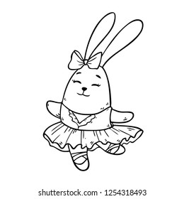 Vector illustration with cute drawing rabbit ballerina dancing and isolated on white background