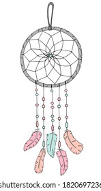 Vector illustration. Cute dream catcher with feathers and beads isolated on white. Hand drawn simple doodle clipart in aztec style. Soft colors. Perfect for poster, banner, pattern, wrapping, logo.