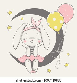 Vector illustration of a cute dreaming bunny girl, sitting on the moon.