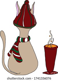 Vector illustration of a cute dressed cat with a hot drink for printing on postcards, packaging, clothes,blank for the designer, fashionable style,