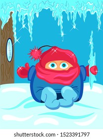 Vector illustration with a cute dressed up child sitting on the snow with an icicle