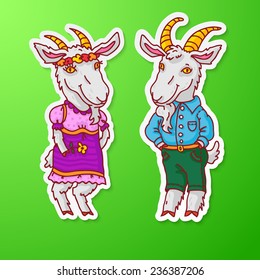 Vector illustration of cute dressed goat couple on green background. Hand drawn stickers with shadows for your design. Simple line colorful sketch. 
