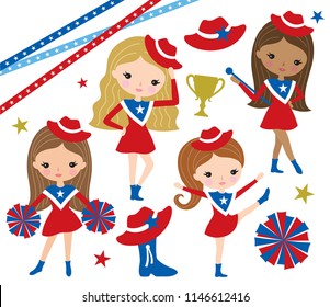 Vector illustration of cute drill team or cheerleader girl characters in red, white and blue uniform. svg