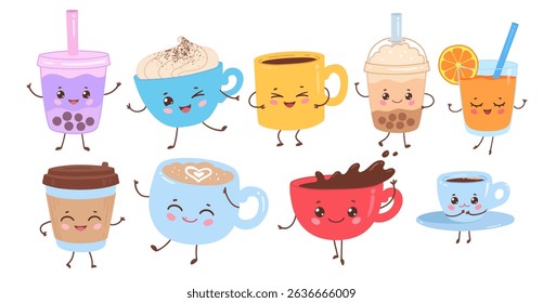 Vector illustration of cute drink cups with smiling faces. Colorful flat illustration for cafe designs.