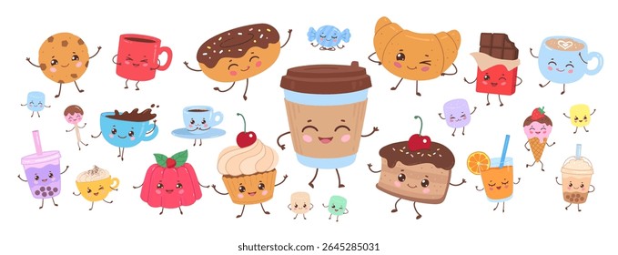 Vector illustration of cute drink and dessert characters with happy faces. Cartoon kawaii food set, isolated illustration.