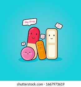 vector illustration of a cute drug to prevent corona virus with the concept of a family of cute medicine in aqua background.don't be afraid of covid-19 the corona virus concept.