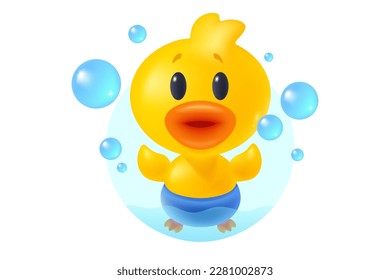 Vector illustration of cute duck with bubbles in bathroom in realistic style. Vector icon of kawaii duck with bubbles.