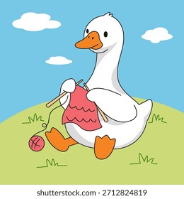 Ilustración vectorial de un lindo personaje de pato tejiendo. Ilustración infantil para imprimir.