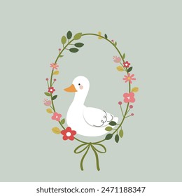 vector, illustration of cute  duck in flowers and leaves  frame  with  bow