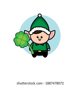 Vector illustration of cute dwarf holding lucky leaf