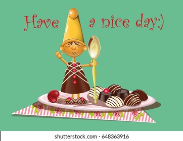 vector illustration with cute dwarf made of chocolate and caramel with chocolates, spoon and cherry 
