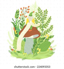 Vector illustration with cute dwarf, mushroom, branches, leaves and berries. Fairytale card with different floral elements.