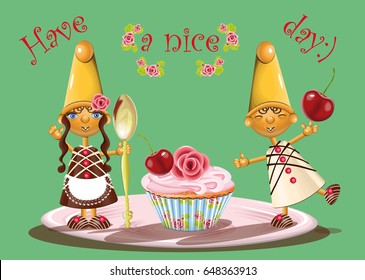 vector illustration with cute dwarfs made of chocolate and caramel with a cupcake, spoon and cherry 