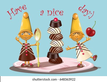 vector illustration with cute dwarfs made of chocolate and caramel with chocolates, spoon and cherry 